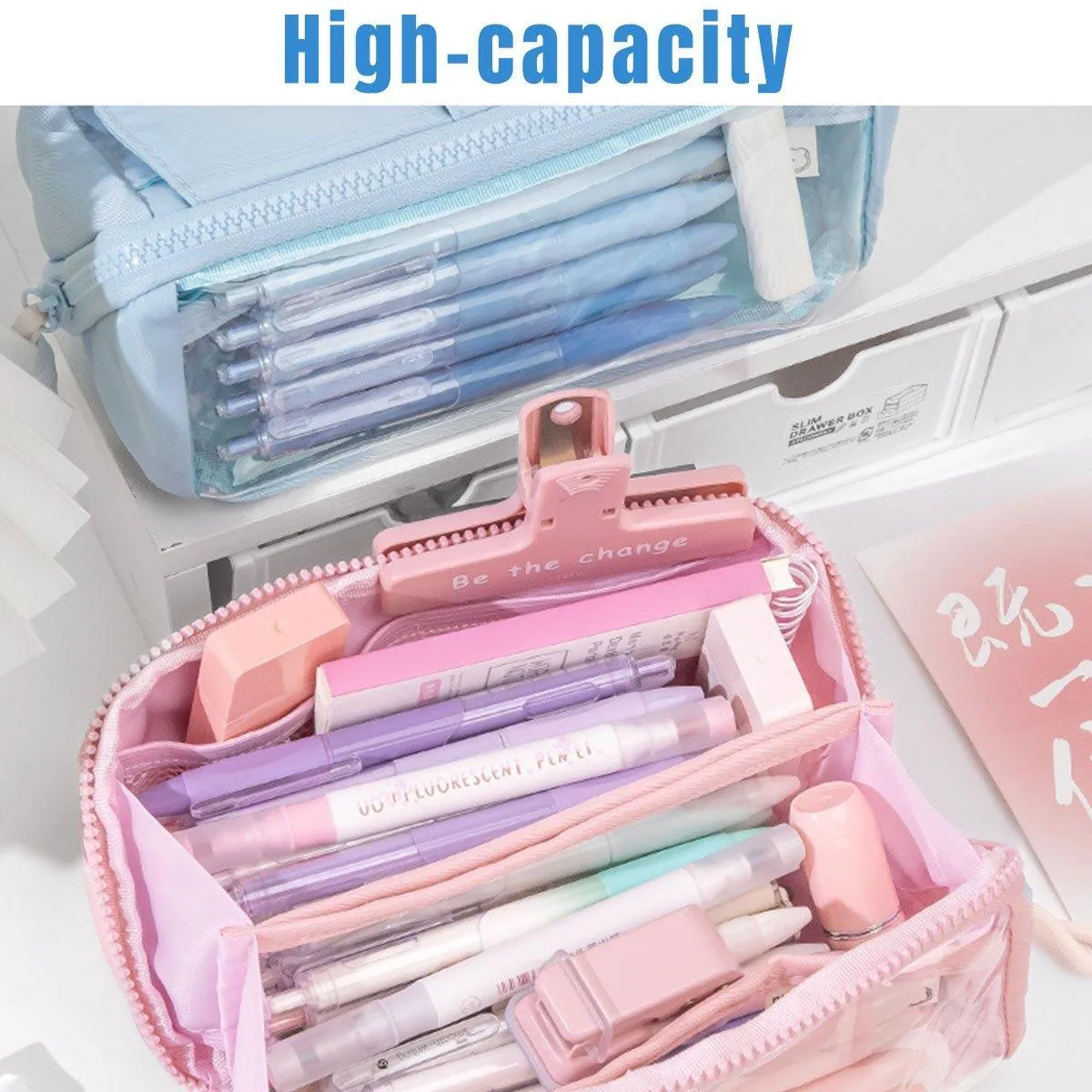 Large Capacity Japanese Style Student Stationery Bag Plain Colour Pen Case