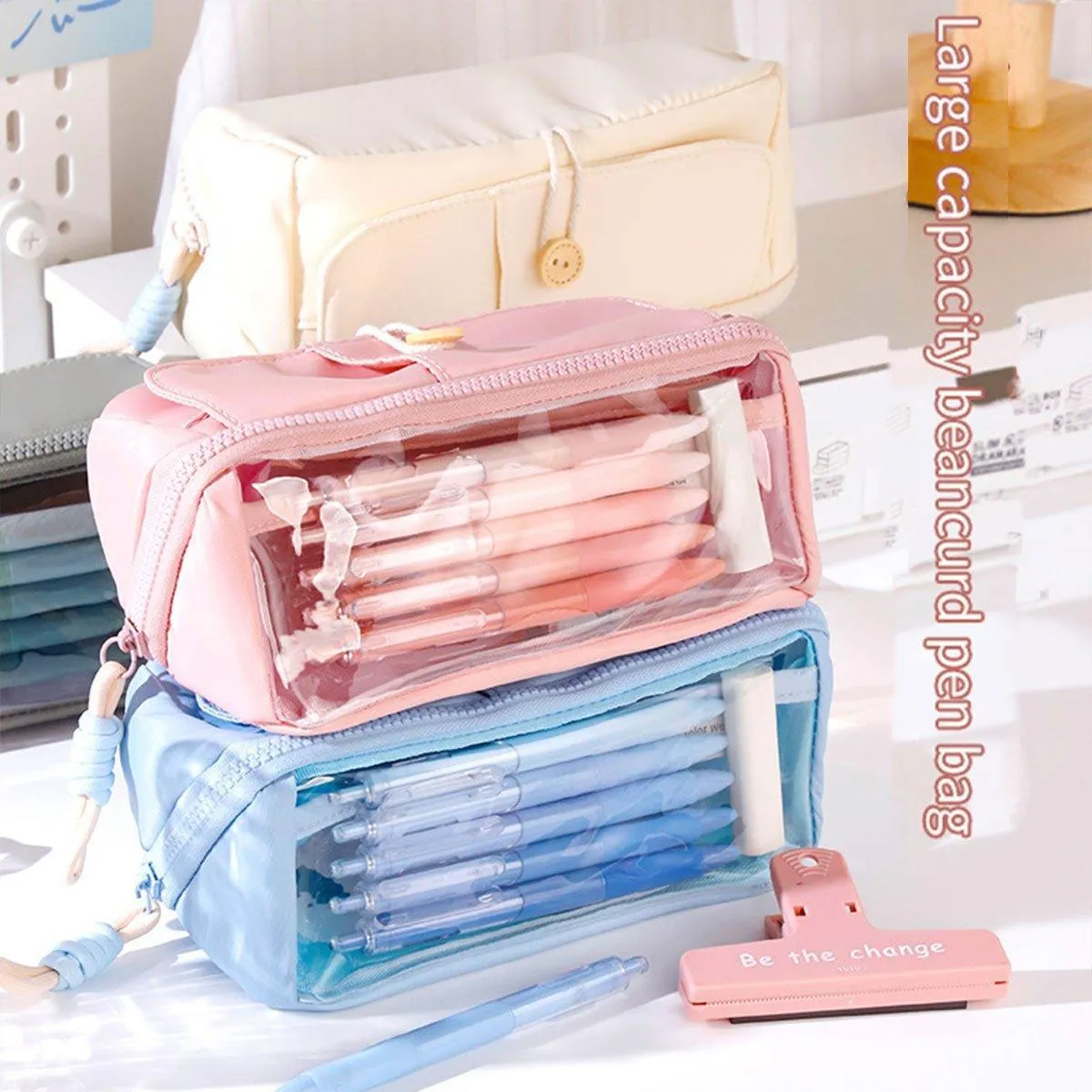 Large Capacity Japanese Style Student Stationery Bag Plain Colour Pen Case