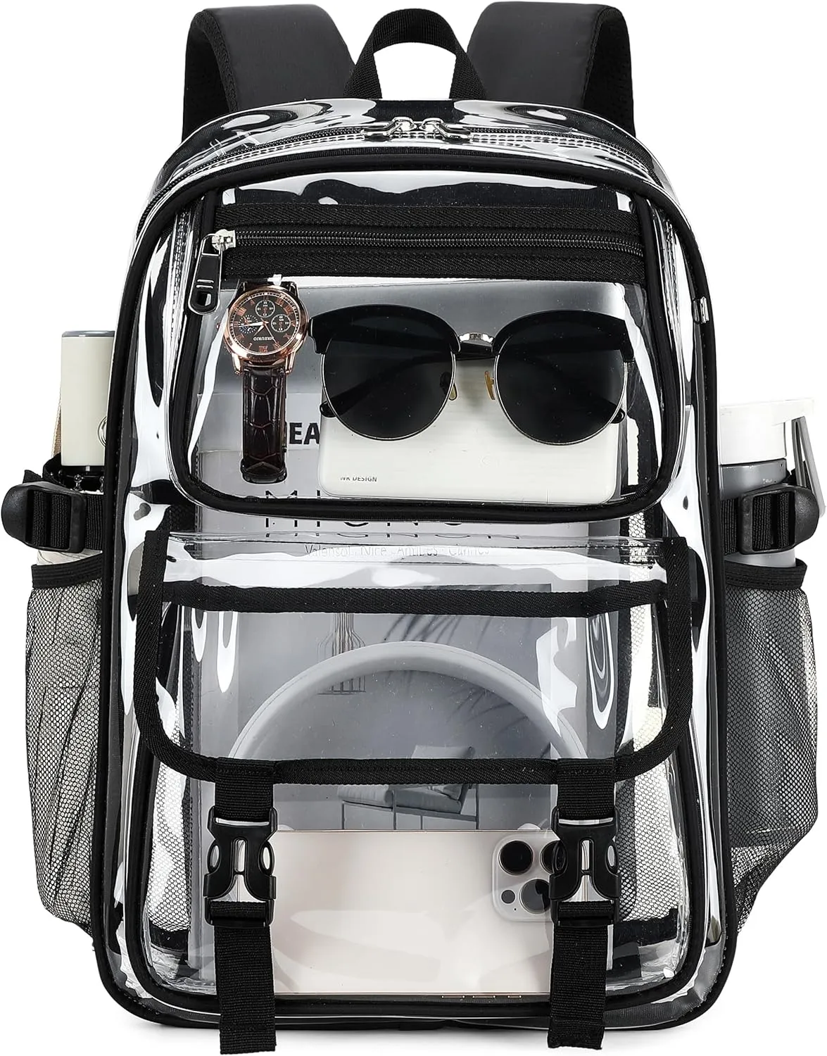 Large Clear Backpack For Women Men Girls 16 inch Laptop School Bookbag Heavy Duty PVC Transparent Backpacks for College Work Travel See Through Back Pack for Sport Events Stadium, Black