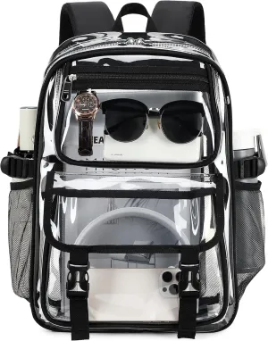 Large Clear Backpack For Women Men Girls 16 inch Laptop School Bookbag Heavy Duty PVC Transparent Backpacks for College Work Travel See Through Back Pack for Sport Events Stadium, Black