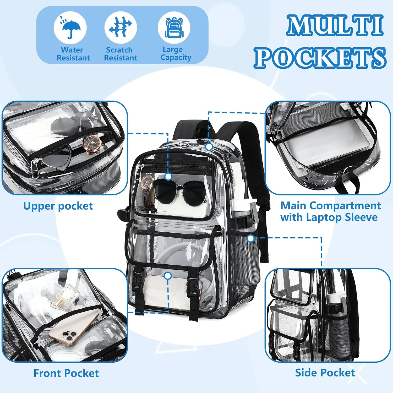 Large Clear Backpack For Women Men Girls 16 inch Laptop School Bookbag Heavy Duty PVC Transparent Backpacks for College Work Travel See Through Back Pack for Sport Events Stadium, Black