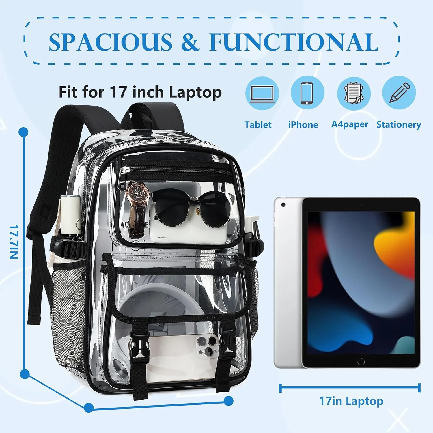 Large Clear Backpack For Women Men Girls 16 inch Laptop School Bookbag Heavy Duty PVC Transparent Backpacks for College Work Travel See Through Back Pack for Sport Events Stadium, Black