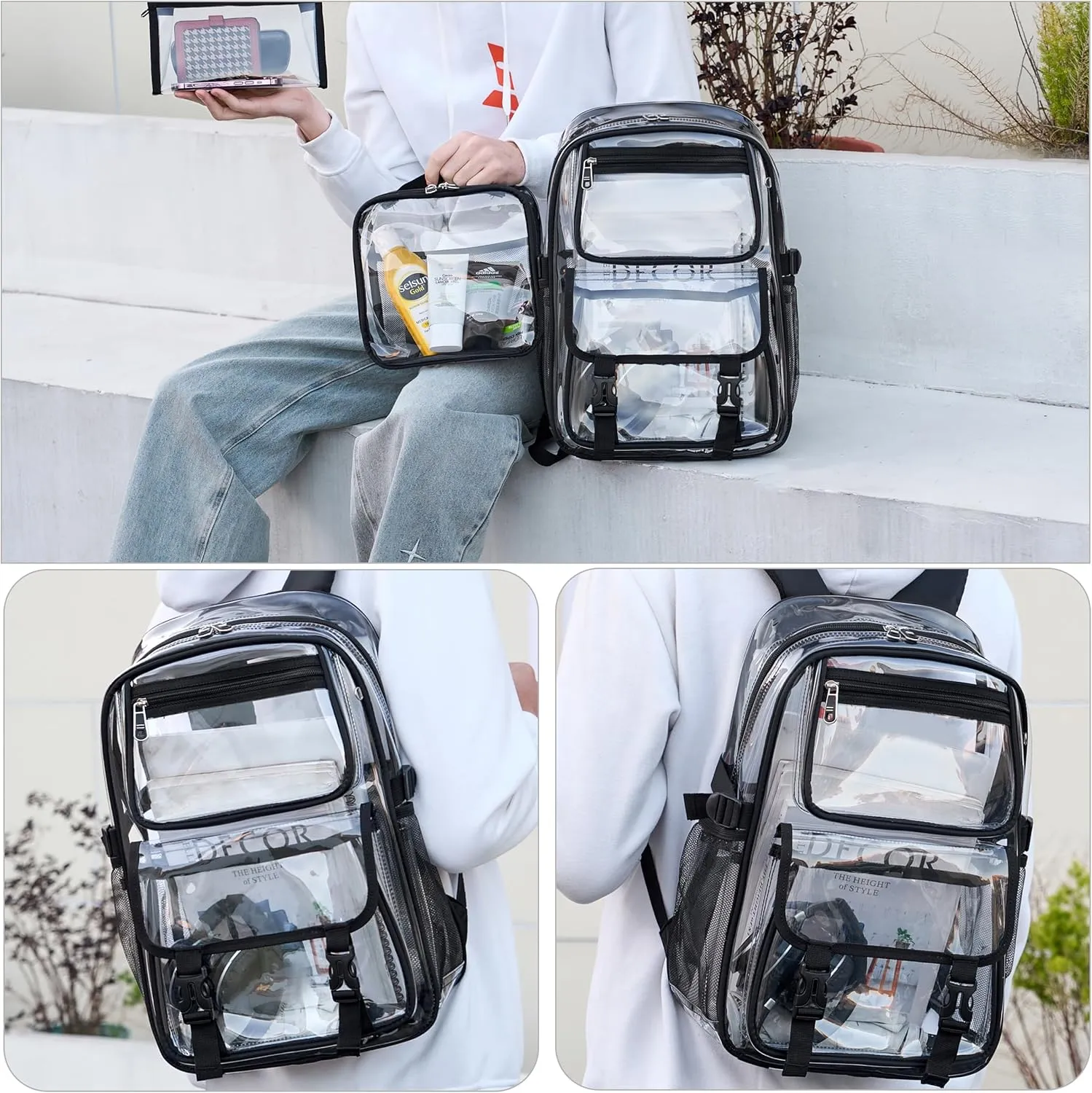 Large Clear Backpack For Women Men Girls 16 inch Laptop School Bookbag Heavy Duty PVC Transparent Backpacks for College Work Travel See Through Back Pack for Sport Events Stadium, Black