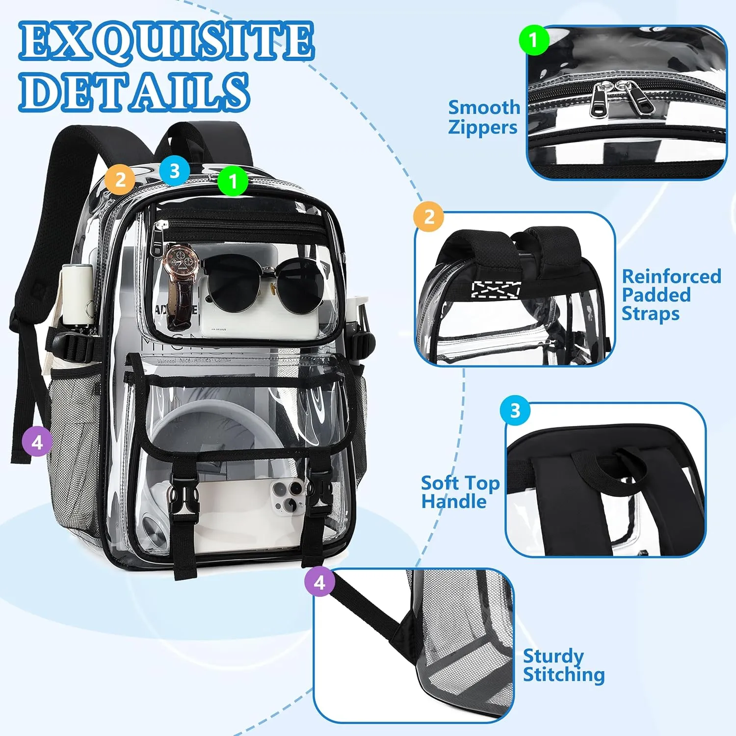 Large Clear Backpack For Women Men Girls 16 inch Laptop School Bookbag Heavy Duty PVC Transparent Backpacks for College Work Travel See Through Back Pack for Sport Events Stadium, Black