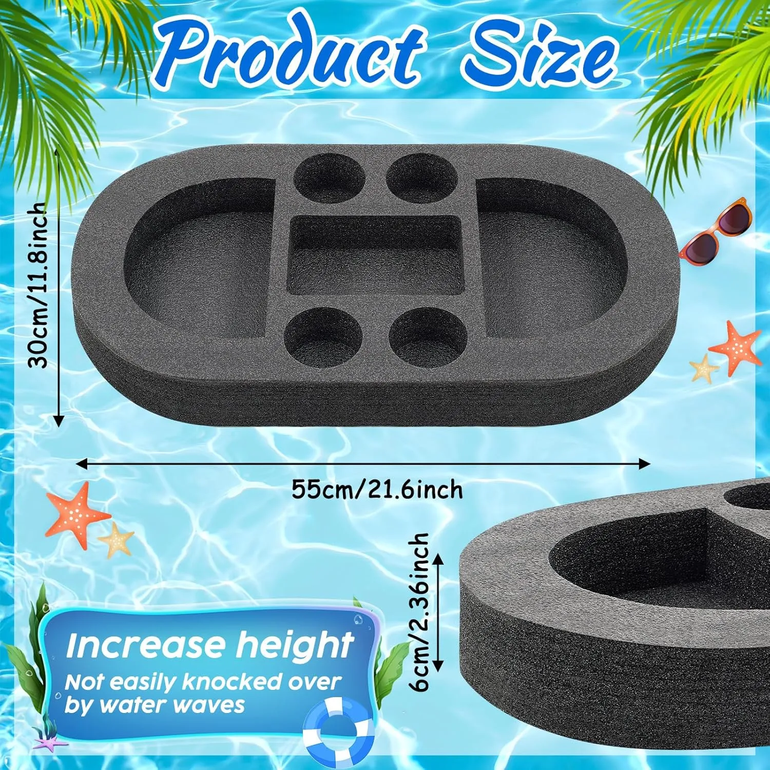 Large Floating Drink Holder Black Floating Refreshment Table Tray Compartment Portable Floating Pool Tray for Swimming Pool Accessories Hot Tub Beach and Party Decor