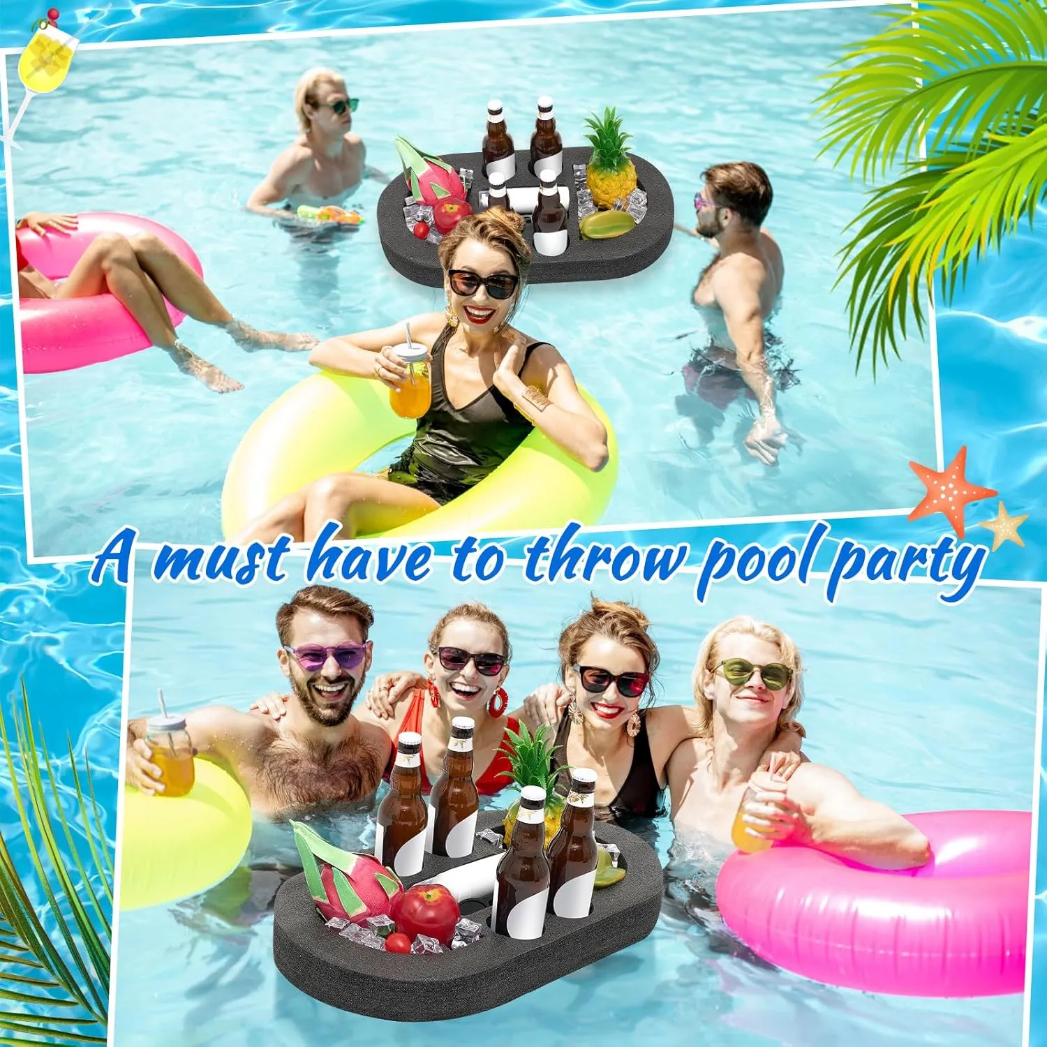 Large Floating Drink Holder Black Floating Refreshment Table Tray Compartment Portable Floating Pool Tray for Swimming Pool Accessories Hot Tub Beach and Party Decor