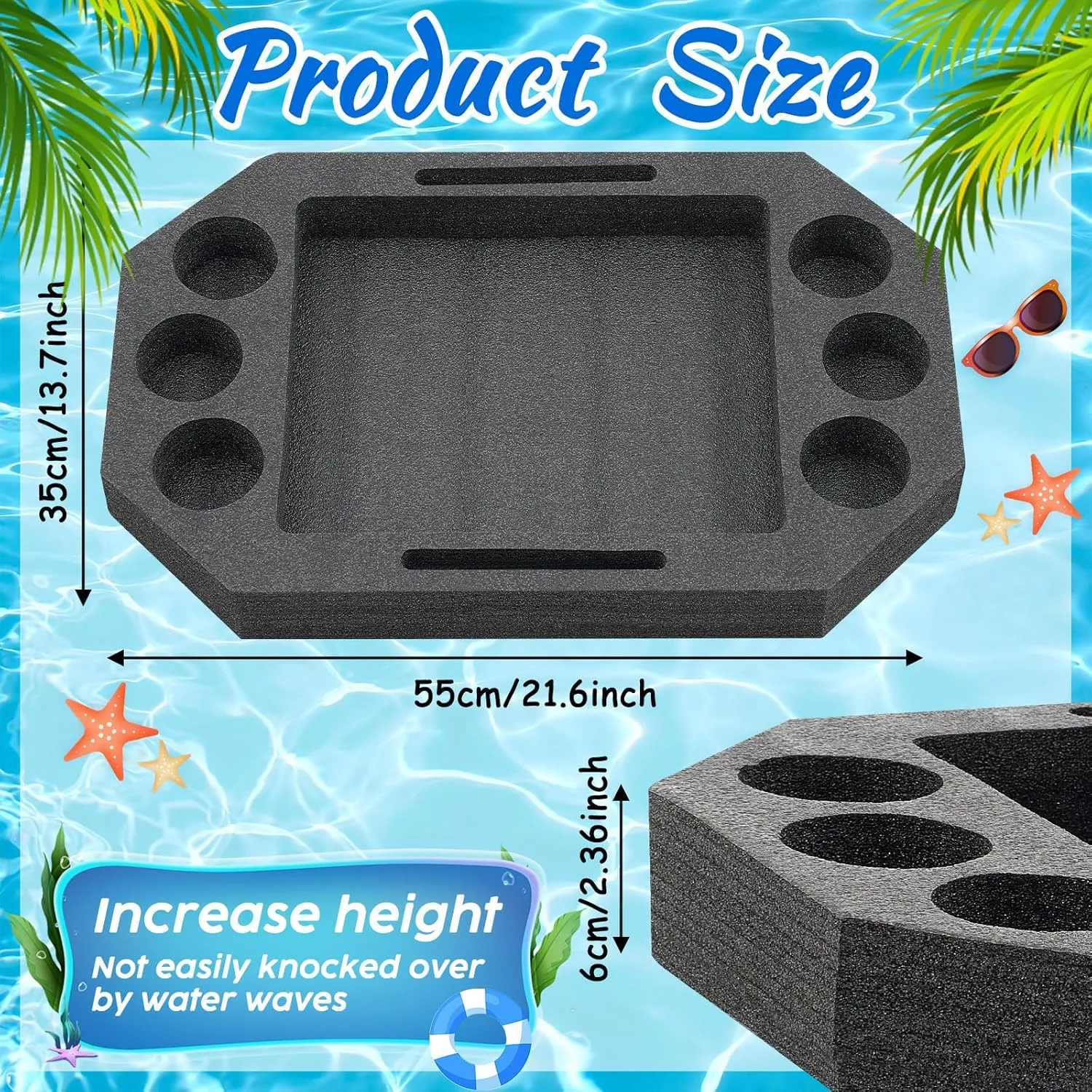 Large Floating Drink Holder Black Floating Refreshment Table Tray Compartment Portable Floating Pool Tray for Swimming Pool Accessories Hot Tub Beach and Party Decor