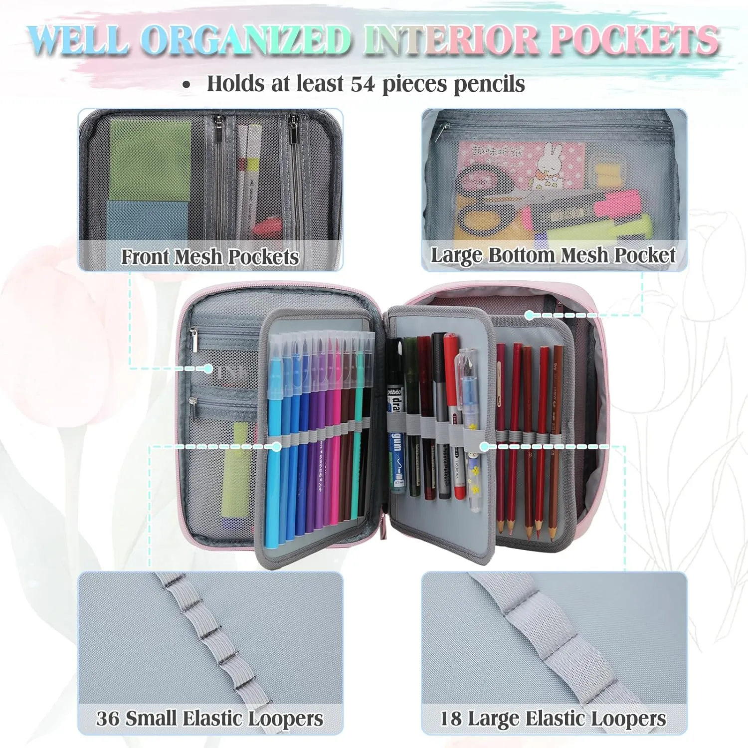 Large Pen Pencil Case,VONXURY High Capacity Art Colored Pencil Pouch Portable Stationery Organizer With 2 Detachable Layers 54 Slots Multiple Zipper Pockets for School Office College