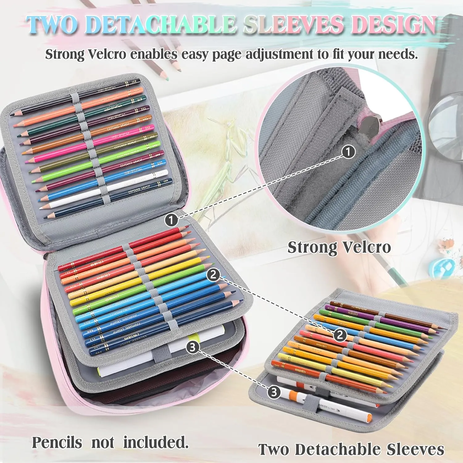 Large Pen Pencil Case,VONXURY High Capacity Art Colored Pencil Pouch Portable Stationery Organizer With 2 Detachable Layers 54 Slots Multiple Zipper Pockets for School Office College