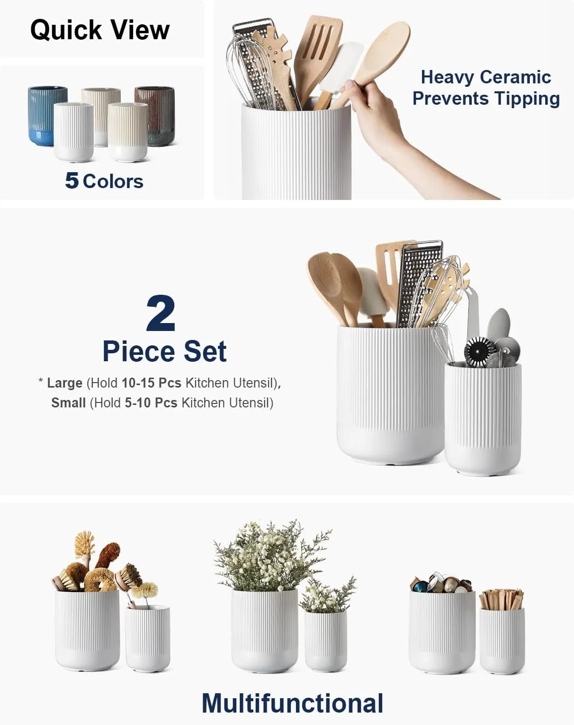 LE TAUCI Utensil Holder, 7.3" 5.4" Ceramic Kitchen Utensil Holder for Countertop, Large Cooking Utensil Crocks for Kitchen Counter Decor, Morden Utensil Organizer for Spatula, Set of 2, White