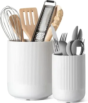 LE TAUCI Utensil Holder, 7.3" 5.4" Ceramic Kitchen Utensil Holder for Countertop, Large Cooking Utensil Crocks for Kitchen Counter Decor, Morden Utensil Organizer for Spatula, Set of 2, White