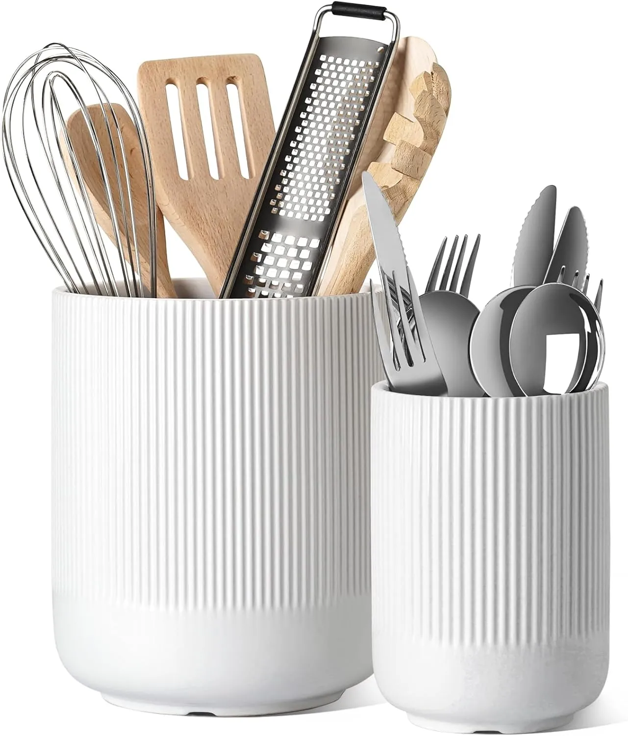 LE TAUCI Utensil Holder, 7.3" 5.4" Ceramic Kitchen Utensil Holder for Countertop, Large Cooking Utensil Crocks for Kitchen Counter Decor, Morden Utensil Organizer for Spatula, Set of 2, White