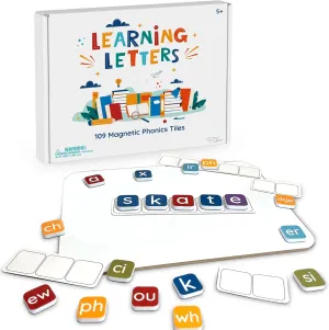 Learning Letters by Four Dublee - 109 Phonics Letter Tiles with Magnetic Spelling Board and Sound Boxes. Includes Letter Tiles Organizer Bags and Storage Box
