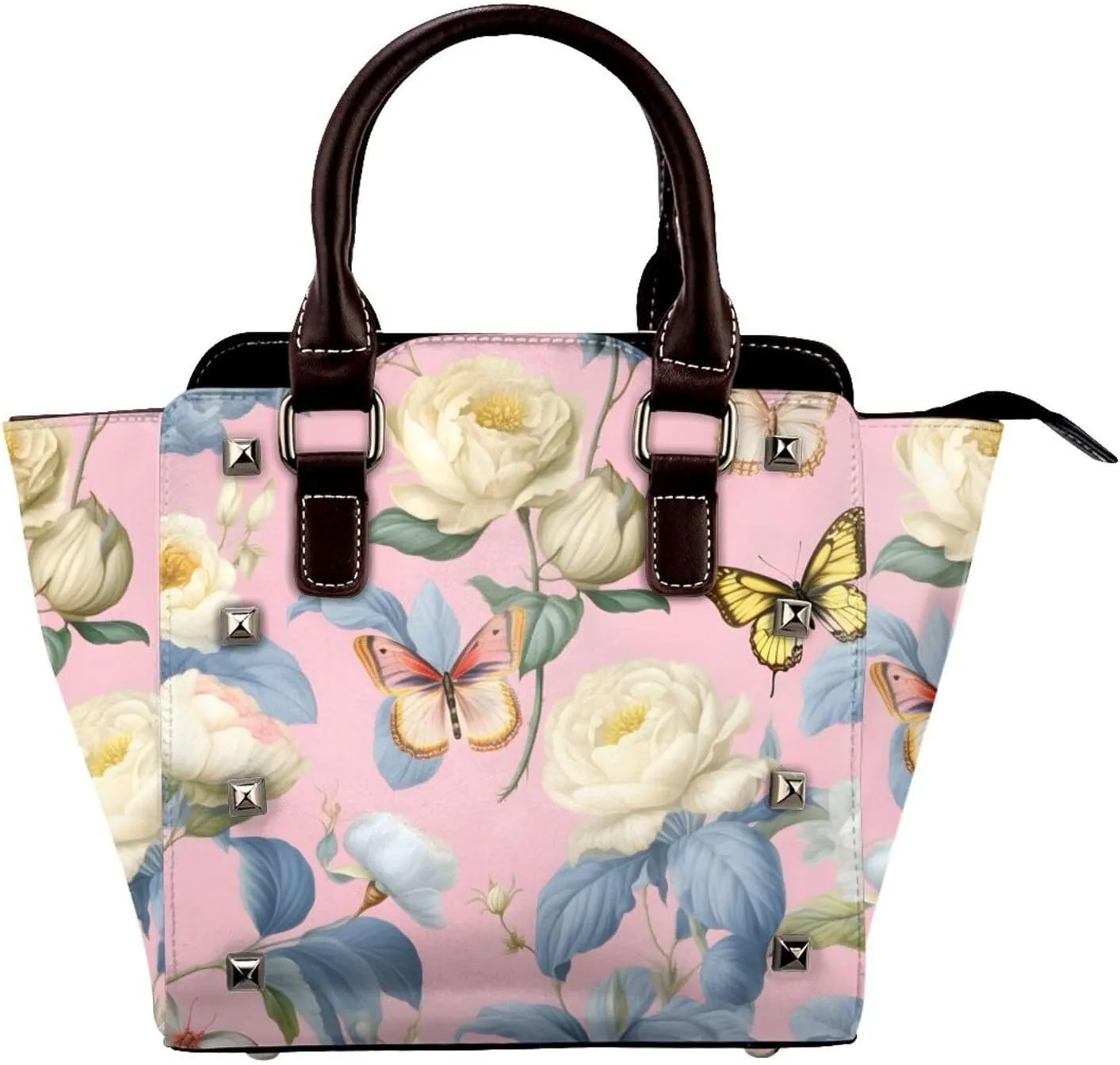 Leather Shoulder Bag for Women, Butterfly White Flower Studded Purse Romantic Floral Crossbody Handbags Punk Hobo Bag with Adjustable Strap