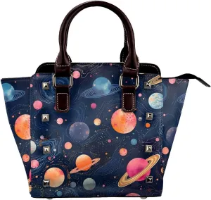 Leather Shoulder Bag for Women, Cartoon Planet Studded Purse Space Nebula Crossbody Handbags Punk Hobo Bag with Adjustable Strap