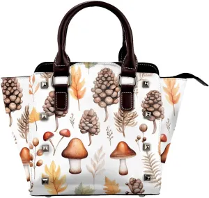 Leather Shoulder Bag for Women, Mushroom Pine Cone Studded Purse Watercolor Autumn Crossbody Handbags Punk Hobo Bag with Adjustable Strap