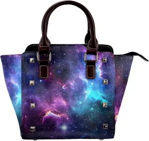 Leather Shoulder Bag for Women, Nebula Colorful Studded Purse Space Galaxy Crossbody Handbags Punk Hobo Bag with Adjustable Strap