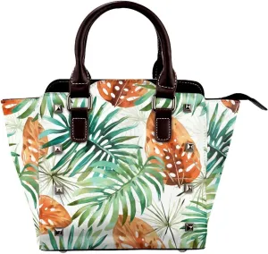 Leather Shoulder Bag for Women, Tropical Jungle Studded Purse Hawaii Palm Leaves Crossbody Handbags Punk Hobo Bag with Adjustable Strap