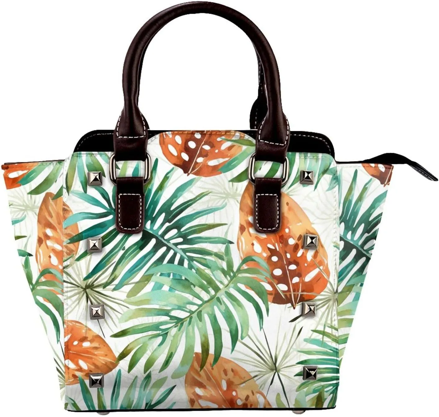 Leather Shoulder Bag for Women, Tropical Jungle Studded Purse Hawaii Palm Leaves Crossbody Handbags Punk Hobo Bag with Adjustable Strap