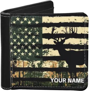 LedBack American Flag Deer Camo Personalized Wallet for Men Boys Leather Purse Phone Credit Cards Organizer Clutch Slim Money Bags