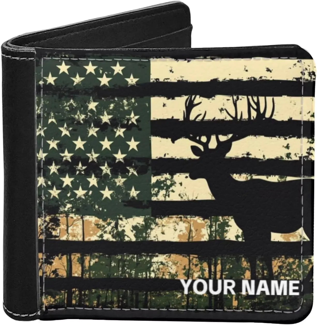 LedBack American Flag Deer Camo Personalized Wallet for Men Boys Leather Purse Phone Credit Cards Organizer Clutch Slim Money Bags