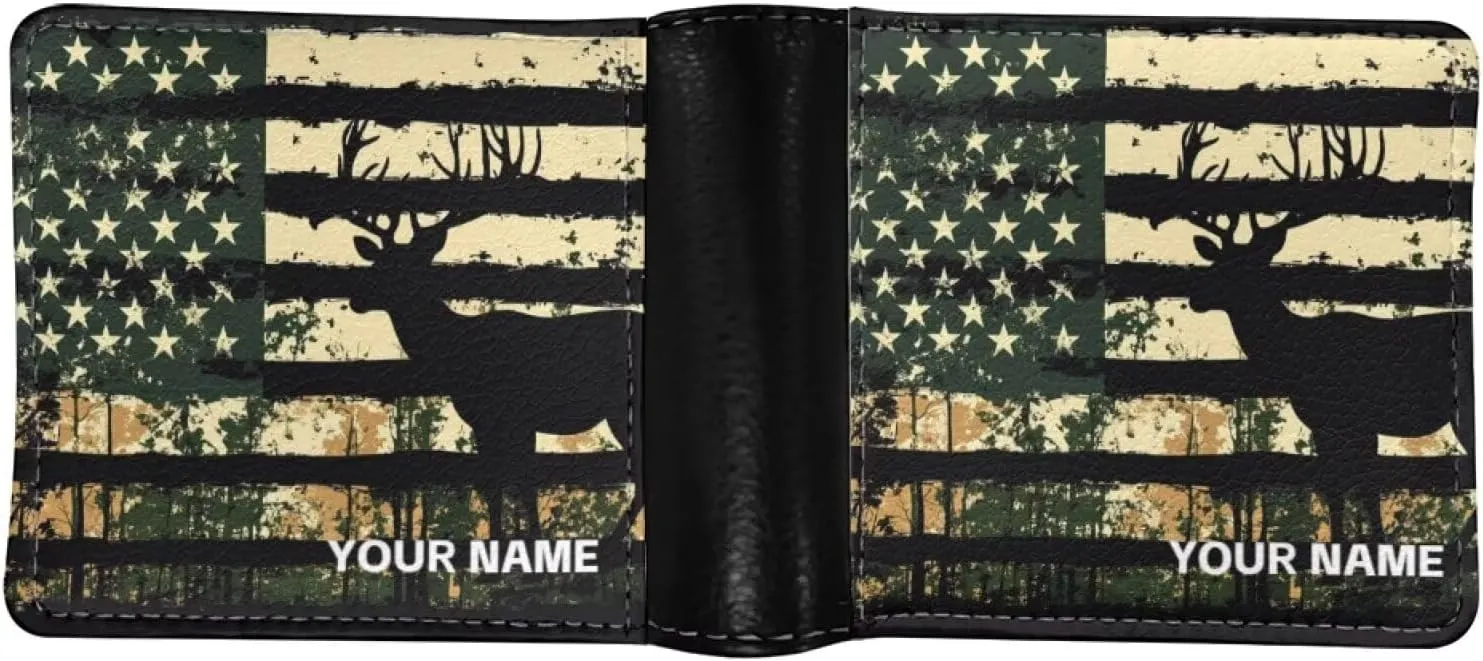 LedBack American Flag Deer Camo Personalized Wallet for Men Boys Leather Purse Phone Credit Cards Organizer Clutch Slim Money Bags