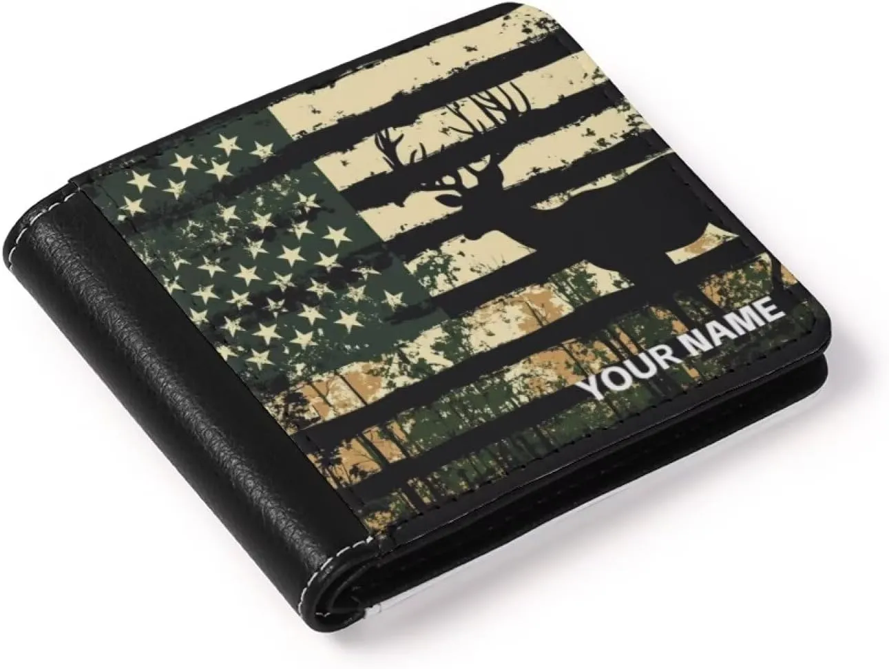 LedBack American Flag Deer Camo Personalized Wallet for Men Boys Leather Purse Phone Credit Cards Organizer Clutch Slim Money Bags