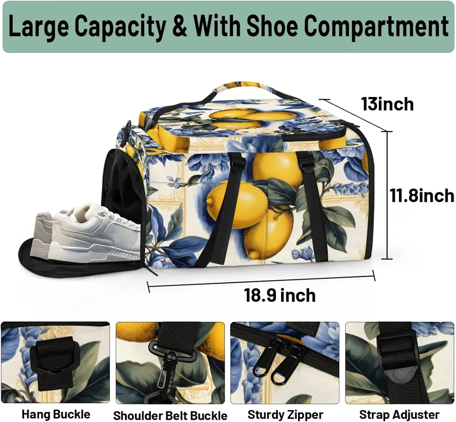 Lemons Print Gym Duffle Bag Backpack Waterproof Sports Bags with Shoe Compartment 48L Carry On Overnight Weekender Travel Luggage