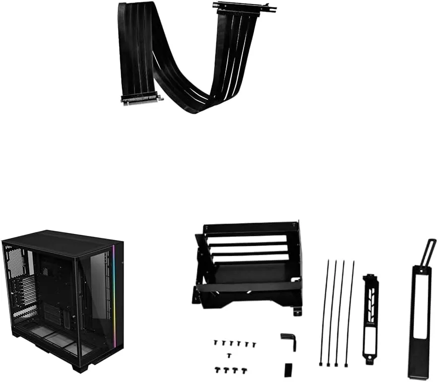 Lian Li Premium PCI-E 16X 4.0 Black Extender Riser Cable 900mm & O11DEXL-X - O11 Dynamic EVO XL Full Tower Gaming Case Black & O11DEXL-1X Upright GPU Bracket Upgrade Kit