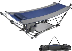 Lineslife Portable Hammock with Stand, Collapsible Foldable Hammock Includes Removable Pillow, Storage Net, Side Pocket with Cup Holder for Camping Beach Patio Travel, Blue and Grey, Extra-Long