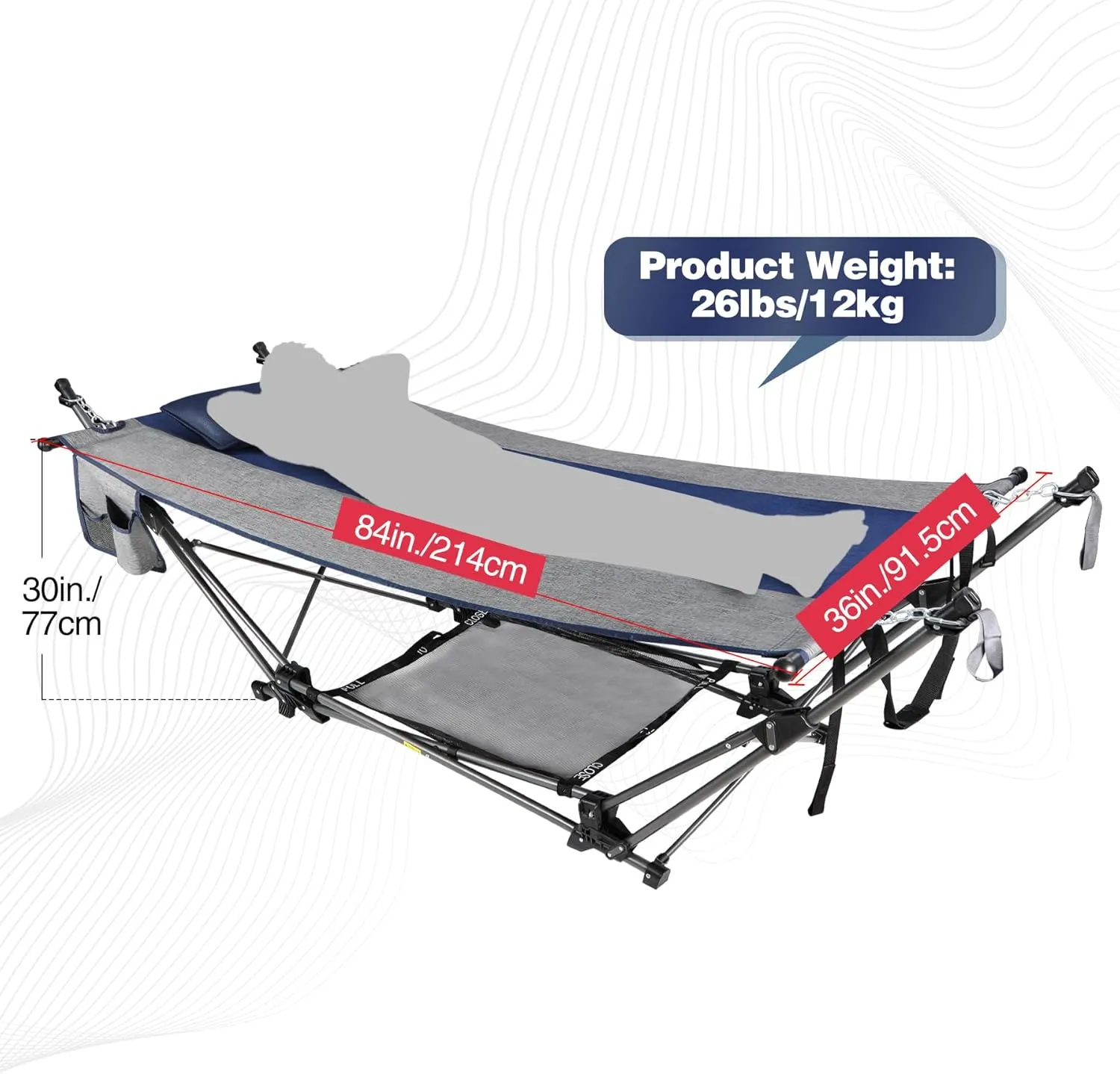 Lineslife Portable Hammock with Stand, Collapsible Foldable Hammock Includes Removable Pillow, Storage Net, Side Pocket with Cup Holder for Camping Beach Patio Travel, Blue and Grey, Extra-Long