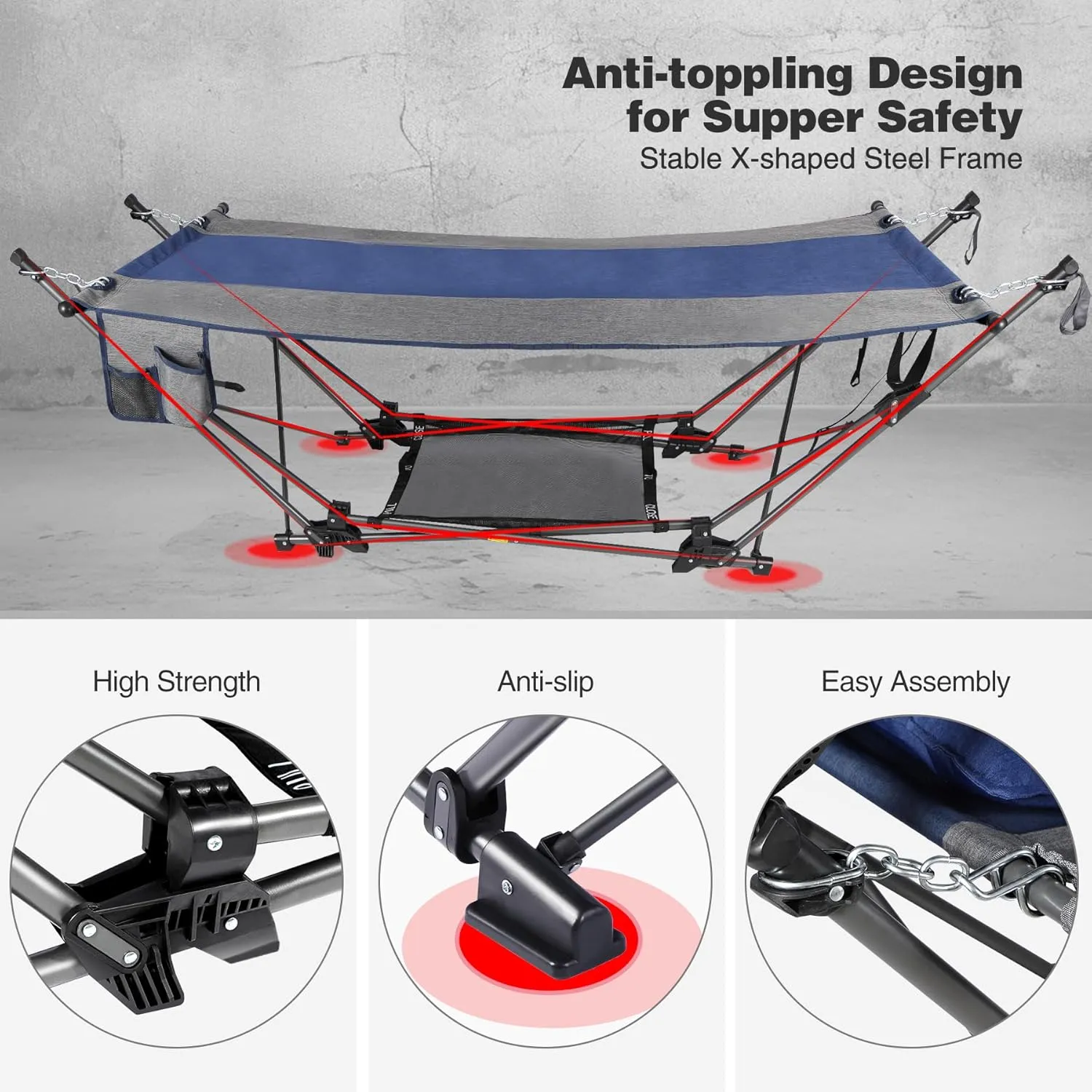 Lineslife Portable Hammock with Stand, Collapsible Foldable Hammock Includes Removable Pillow, Storage Net, Side Pocket with Cup Holder for Camping Beach Patio Travel, Blue and Grey, Extra-Long