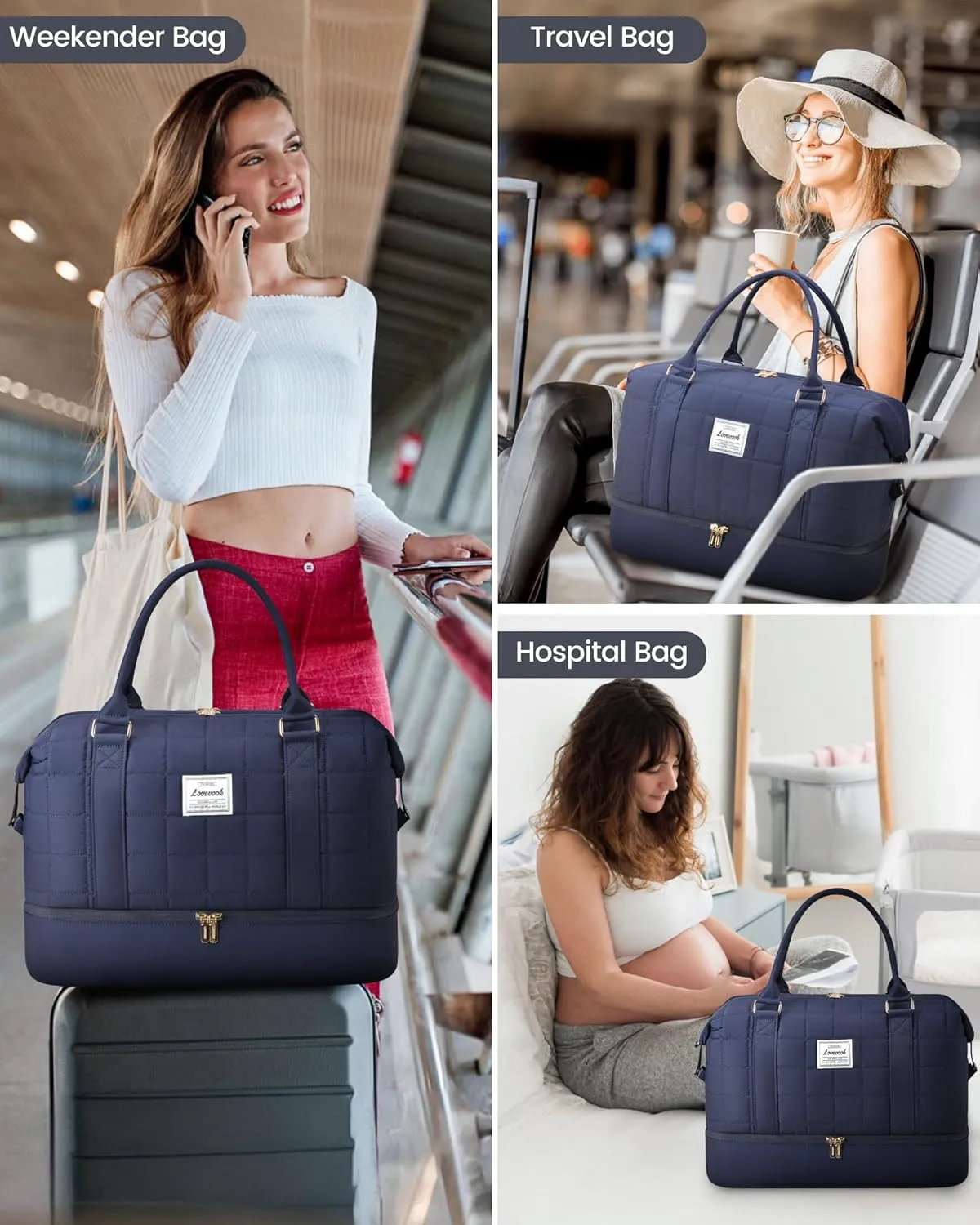 LOVEVOOK Puffer Weekender Bags for Women with Shoe Compartment, Carry On Overnight Bag with Toiletry Bag,Hospital Bag for Labor and Delivery, Gym Duffel Bag with Wet Pocket,2Pcs Set