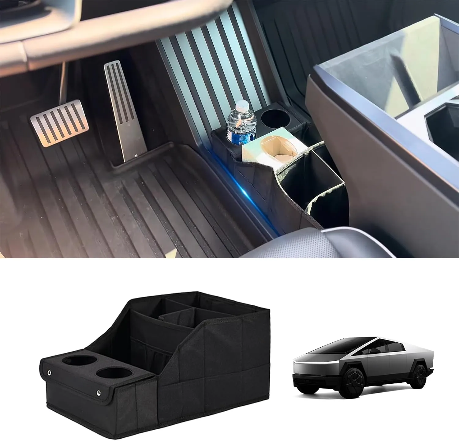 Lower Center Console Organizer for Cybertruck Floor Storage Bag Foldable Oxford Cloth With Cup Holder Tesla Cybertruck Accessories 2024 2025
