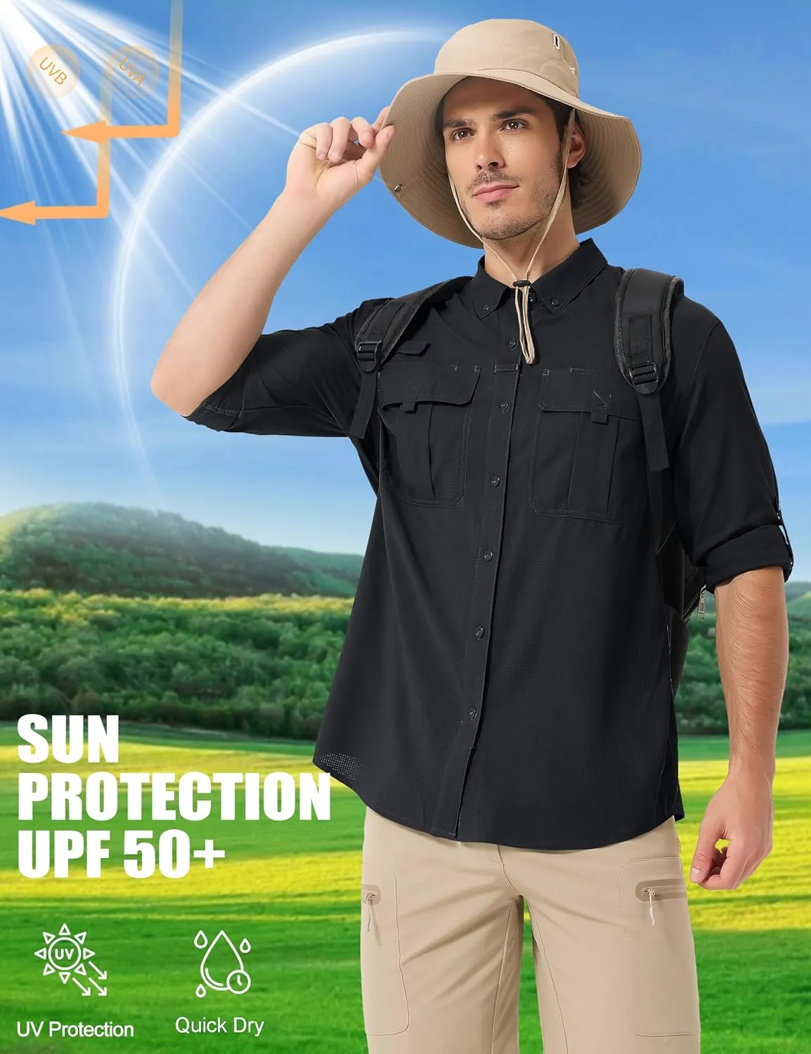 MAGCOMSEN Men's Sun Protection Fishing Shirts UPF 50  UV Quick Dry Long Sleeve Button Down Shirts Safari Hiking Travel