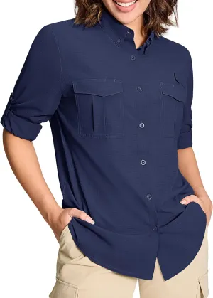 MAGCOMSEN Women's UPF 50  Long Sleeve Fishing Shirts UV Sun Protection Quick Dry Button Down Safari Hiking Travel Shirts