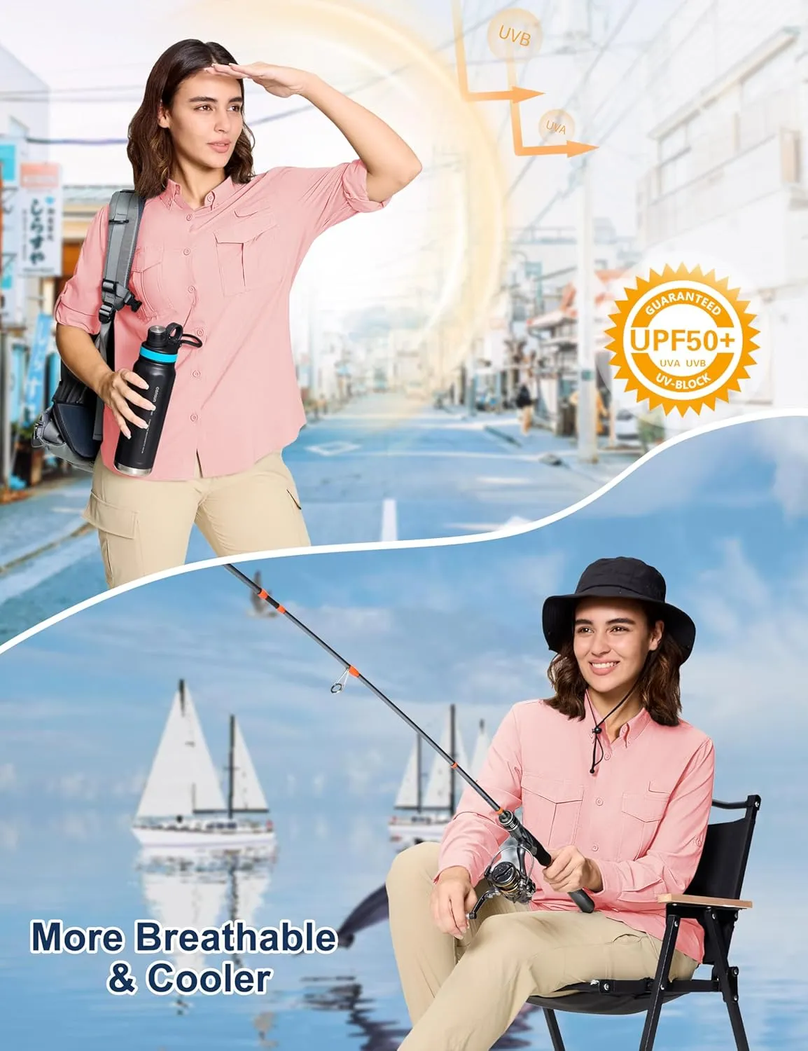 MAGCOMSEN Women's UPF 50  Long Sleeve Fishing Shirts UV Sun Protection Quick Dry Button Down Safari Hiking Travel Shirts