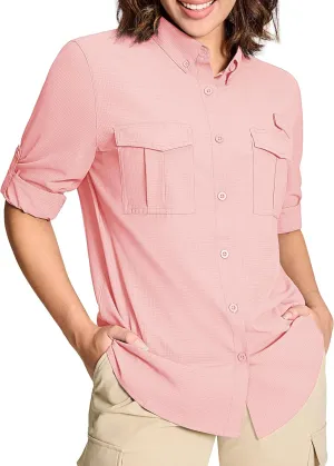 MAGCOMSEN Women's UPF 50  Long Sleeve Fishing Shirts UV Sun Protection Quick Dry Button Down Safari Hiking Travel Shirts