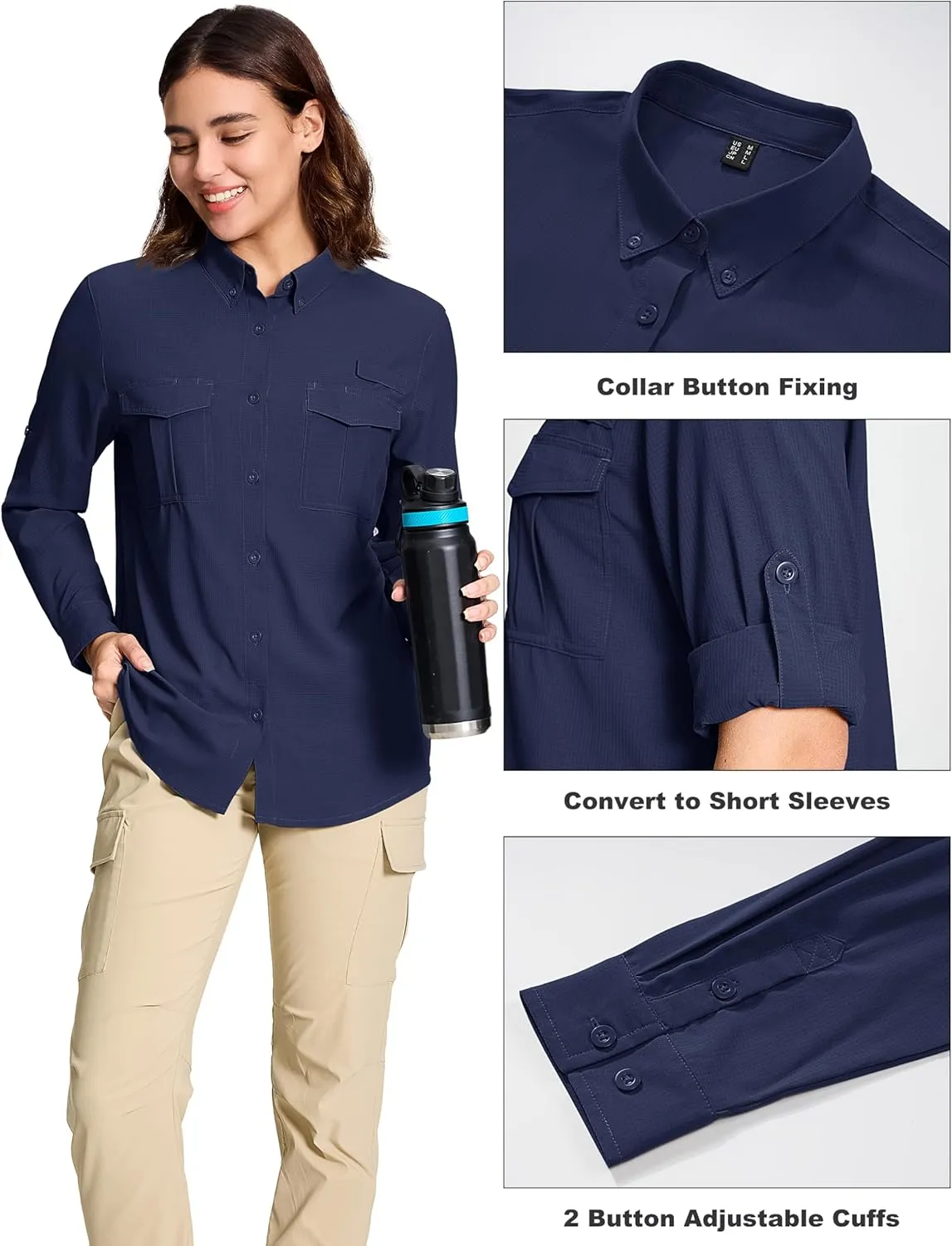 MAGCOMSEN Women's UPF 50  Long Sleeve Fishing Shirts UV Sun Protection Quick Dry Button Down Safari Hiking Travel Shirts