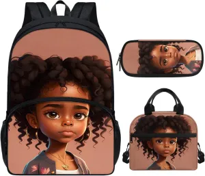 Magic African Girl Backpack Elementary School Bookbag with Lunch Box,Large Middle School Bag 5th Grade/ 6th Grade,Teen Kids Book Bag Colleage Student Lunch Bag Pencil Case Set 3 in 1