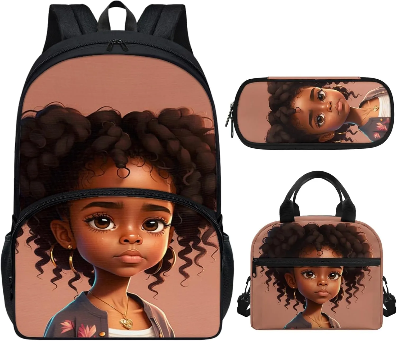 Magic African Girl Backpack Elementary School Bookbag with Lunch Box,Large Middle School Bag 5th Grade/ 6th Grade,Teen Kids Book Bag Colleage Student Lunch Bag Pencil Case Set 3 in 1