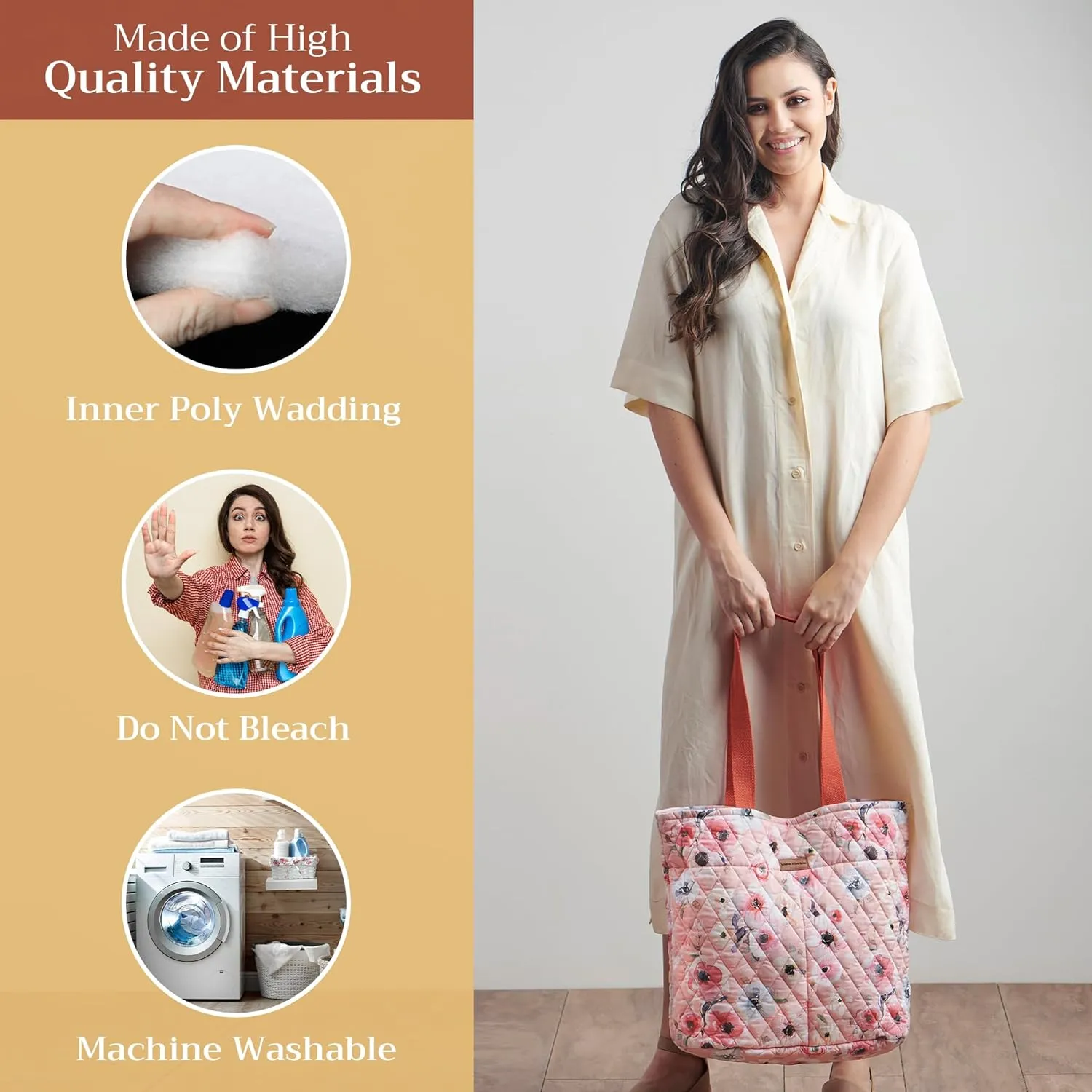 Maison d' Hermine Shopping Bag Cotton Quilted Tote Bag with Zipper Pockets & Small Pouch Grocery Bag for Work Travel Lunch