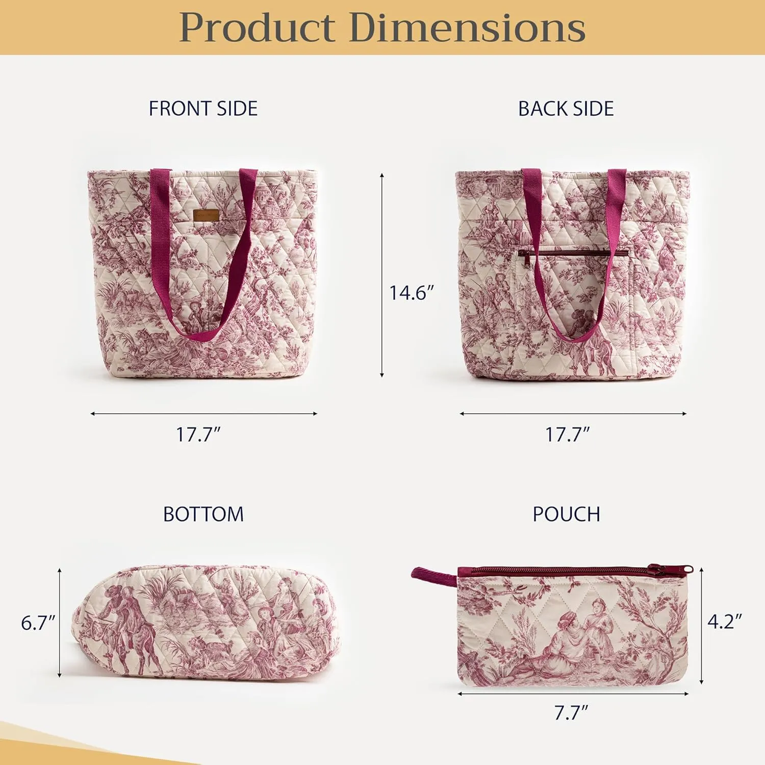 Maison d' Hermine Shopping Bag Cotton Quilted Tote Bag with Zipper Pockets & Small Pouch Grocery Bag for Work Travel Lunch