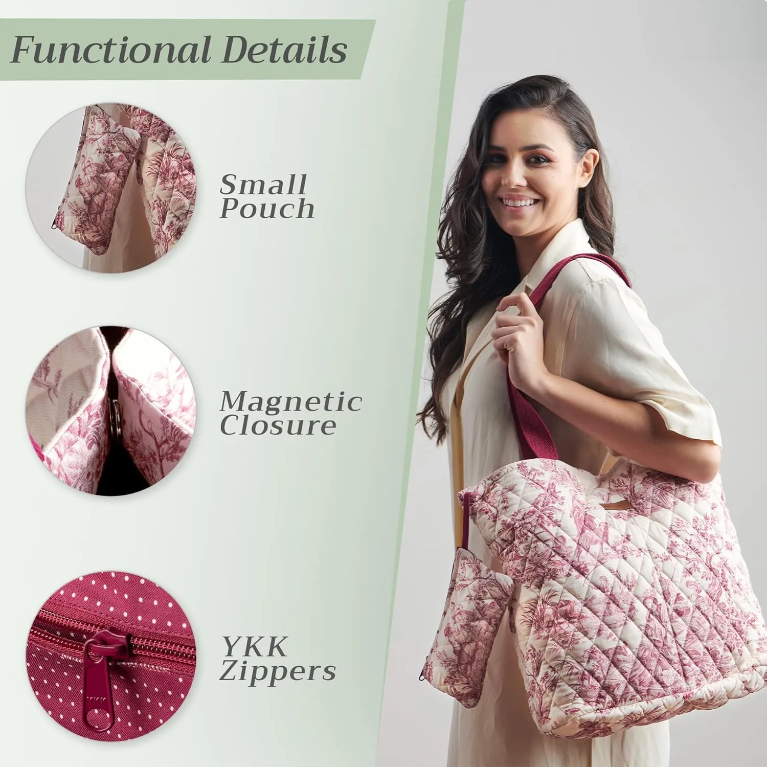 Maison d' Hermine Shopping Bag Cotton Quilted Tote Bag with Zipper Pockets & Small Pouch Grocery Bag for Work Travel Lunch