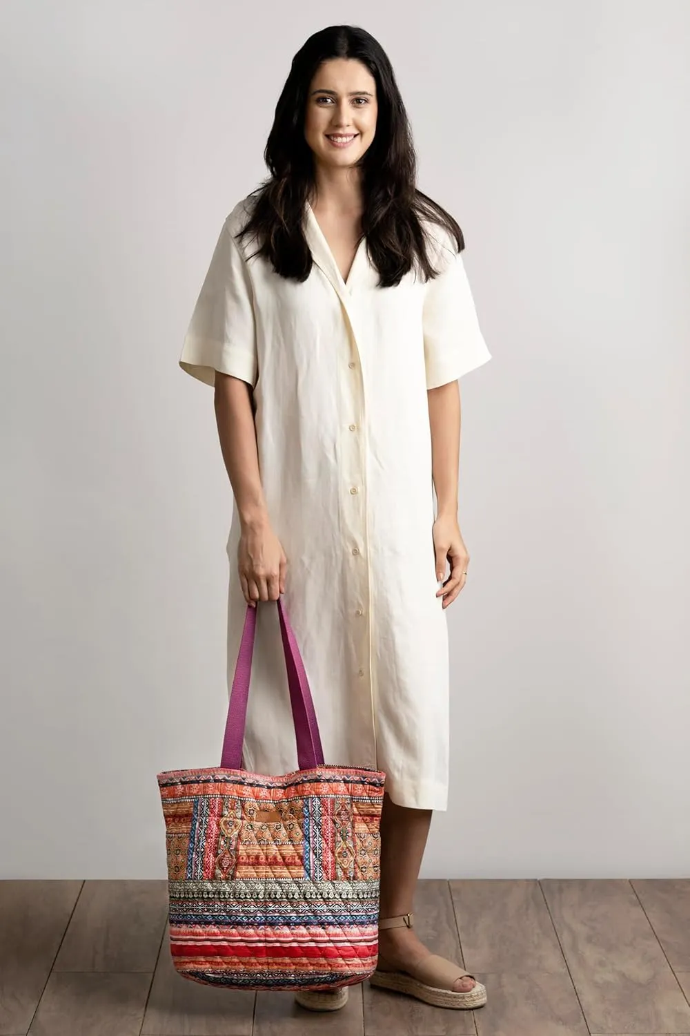 Maison d' Hermine Shopping Bag Cotton Quilted Tote Bag with Zipper Pockets & Small Pouch Grocery Bag for Work Travel Lunch