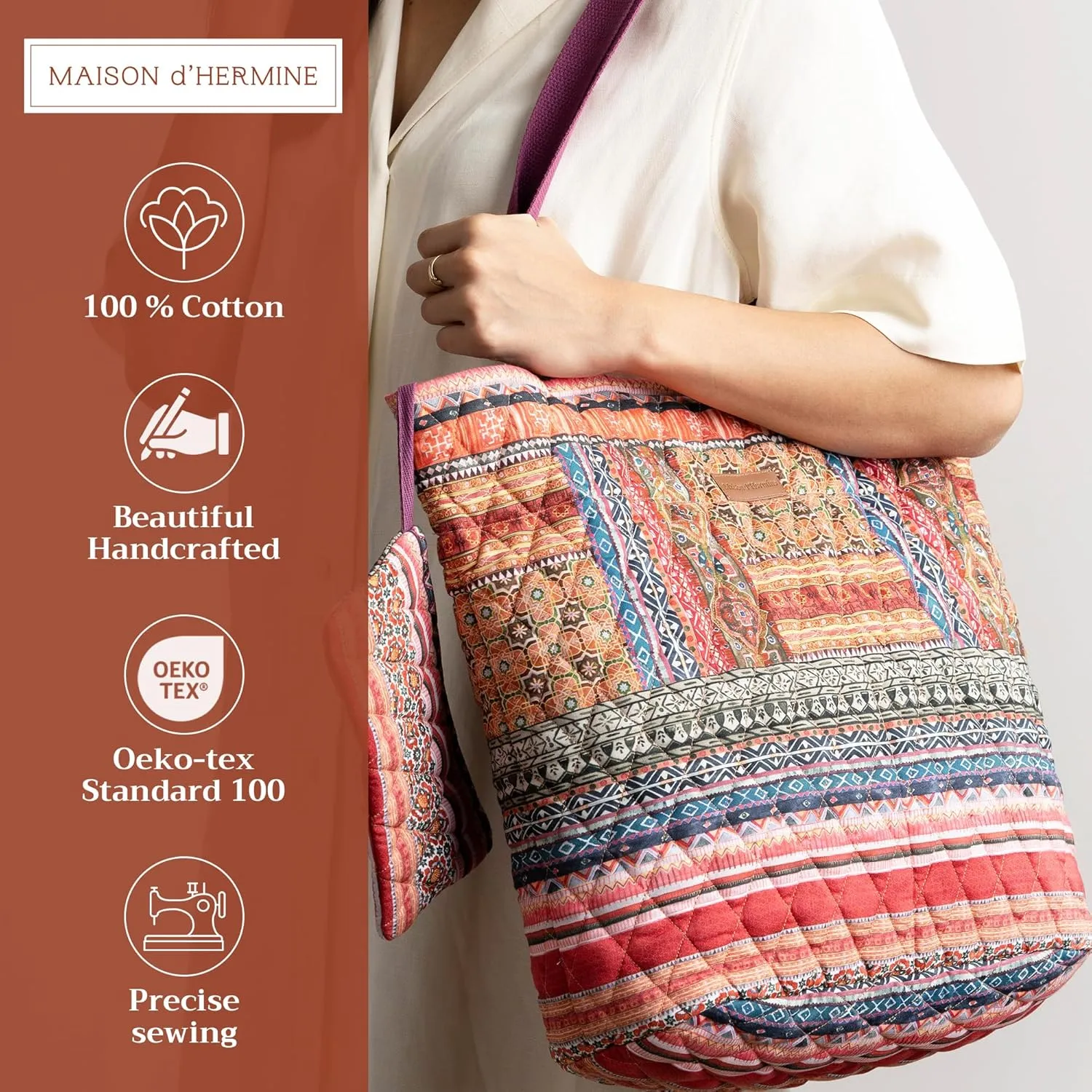 Maison d' Hermine Shopping Bag Cotton Quilted Tote Bag with Zipper Pockets & Small Pouch Grocery Bag for Work Travel Lunch