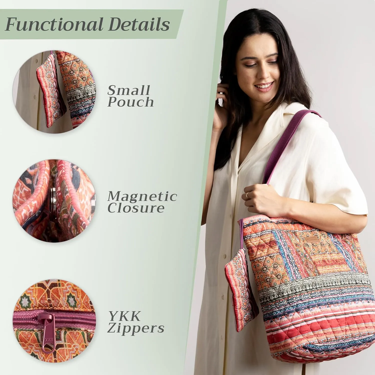 Maison d' Hermine Shopping Bag Cotton Quilted Tote Bag with Zipper Pockets & Small Pouch Grocery Bag for Work Travel Lunch