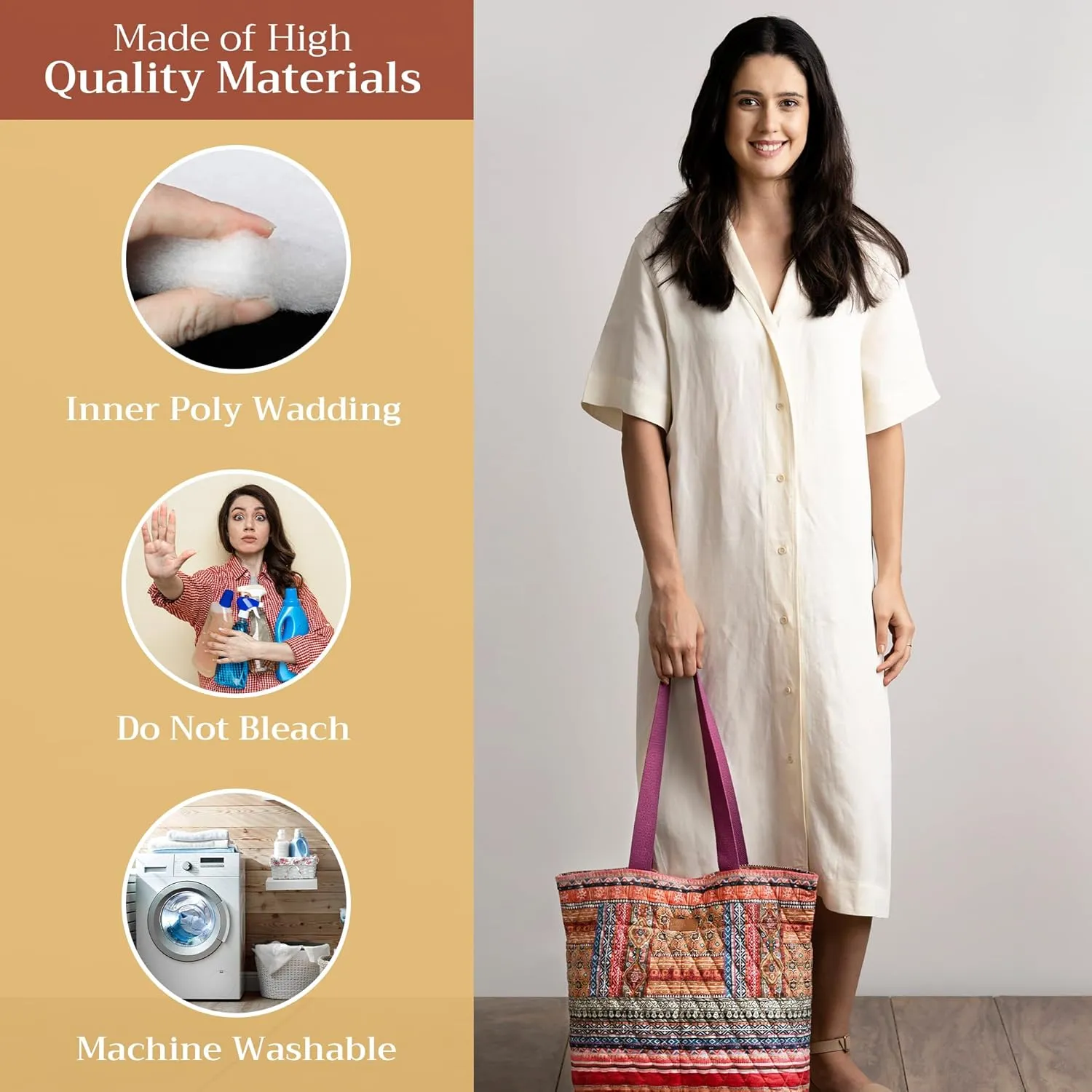 Maison d' Hermine Shopping Bag Cotton Quilted Tote Bag with Zipper Pockets & Small Pouch Grocery Bag for Work Travel Lunch
