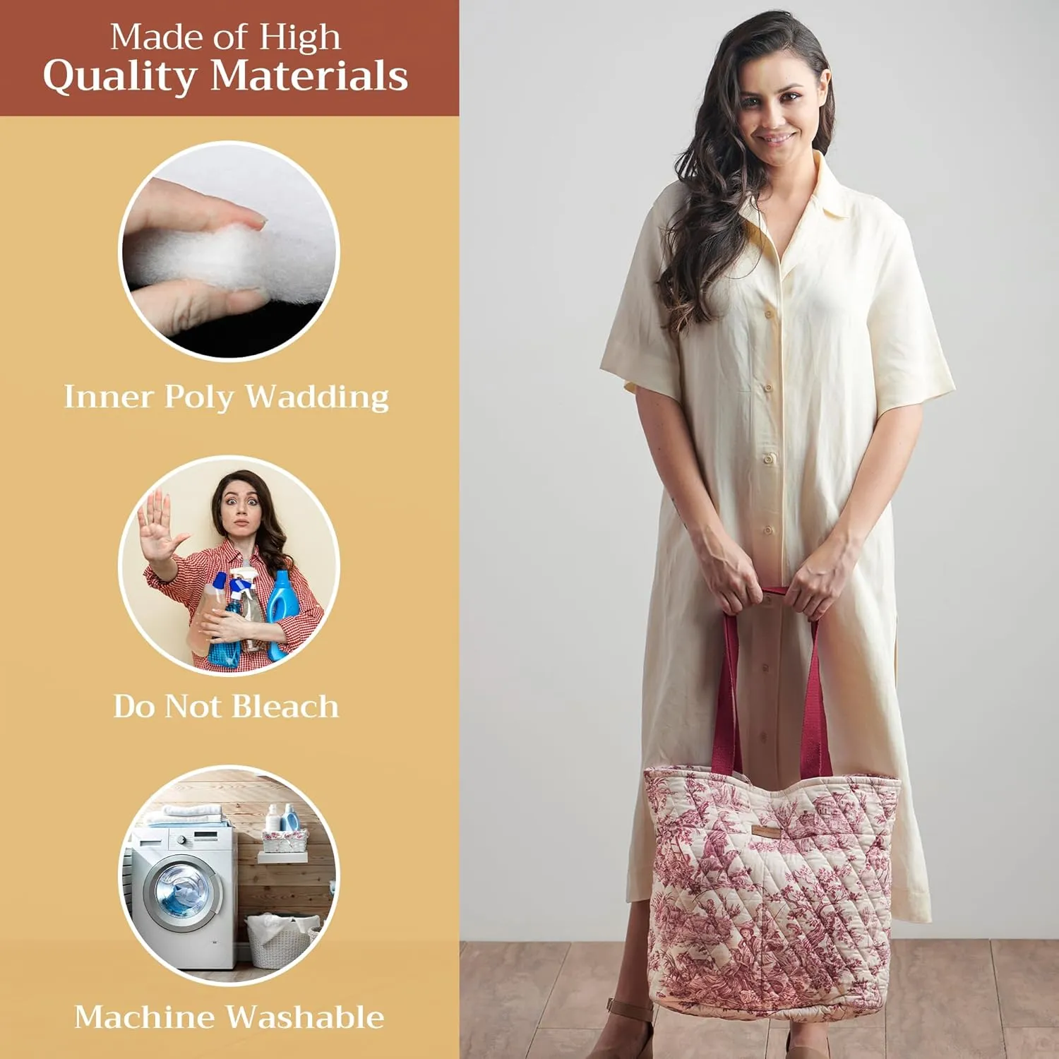 Maison d' Hermine Shopping Bag Cotton Quilted Tote Bag with Zipper Pockets & Small Pouch Grocery Bag for Work Travel Lunch