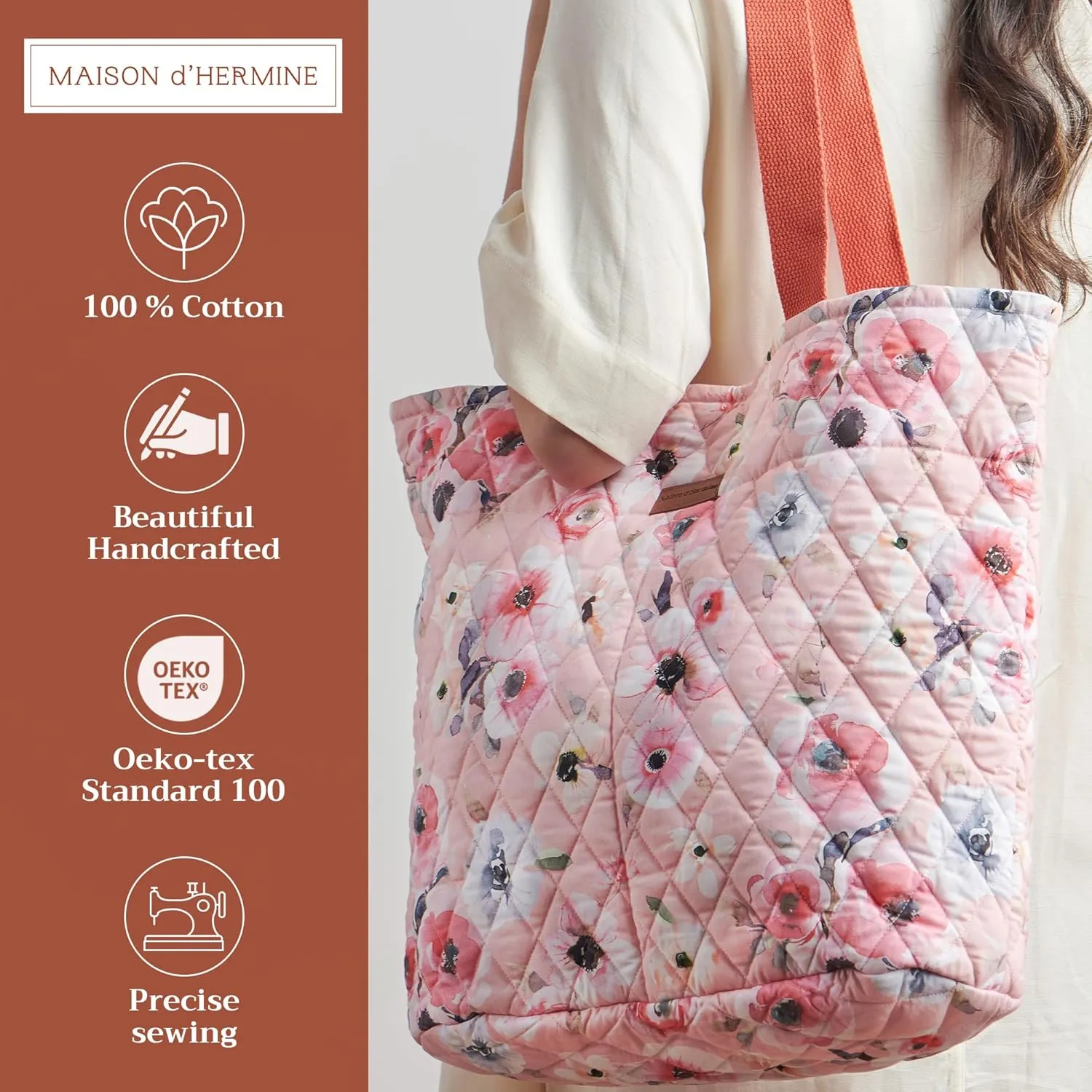 Maison d' Hermine Shopping Bag Cotton Quilted Tote Bag with Zipper Pockets & Small Pouch Grocery Bag for Work Travel Lunch